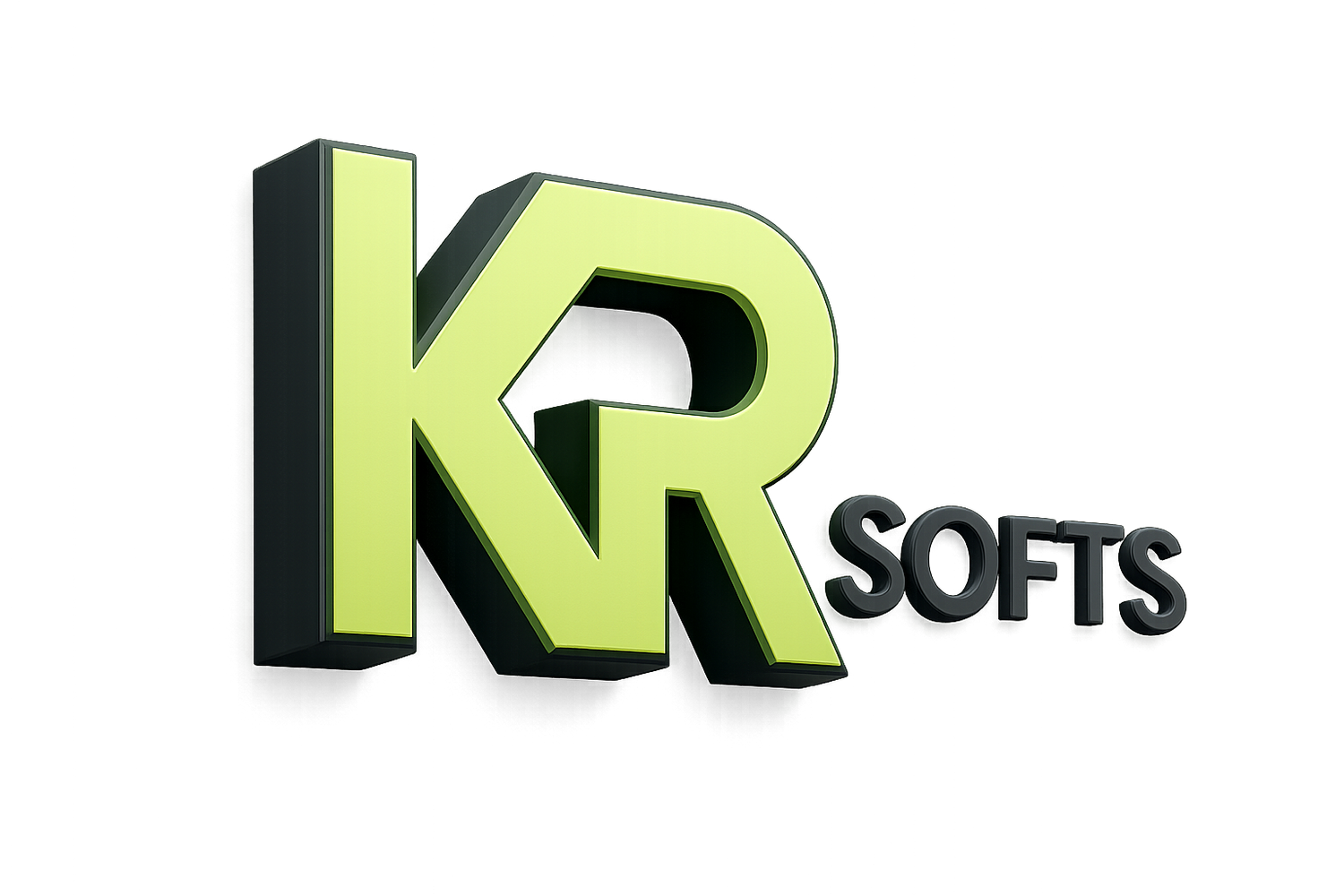 LOGO KR SOFTS EM 3D, KR E NOME SOFTS DO LADO DIREITO
CORE DO SITE #D7FF89 E 2E2A39